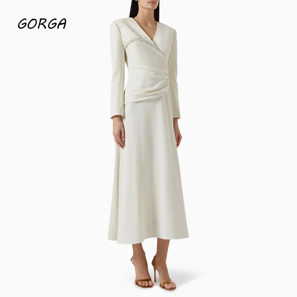 

GORGA Customized Ivory Tea-Length Evening Dress V-Neck Crystal Prom Dress Long Sleeves 2025 Mermaid wedding Banquet Party Dress
