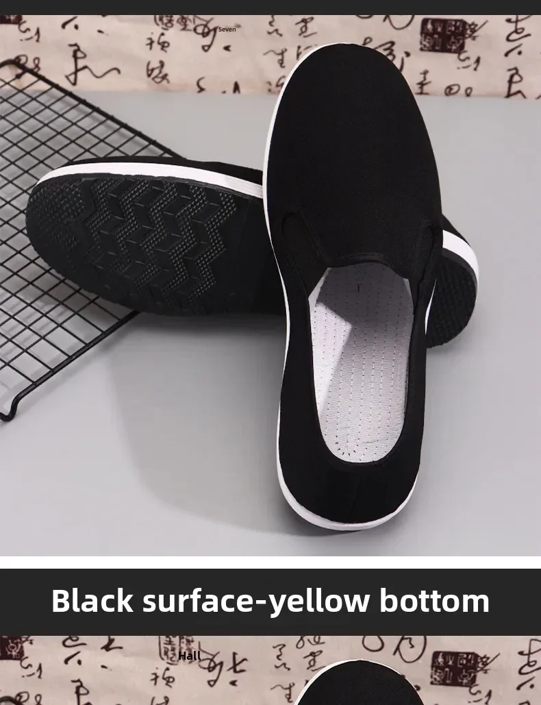 Verpackte alte Peking-Stoffschuhe für Herren, Slip-On Freizeitschuhe, atmungsaktive schwarze Leinenschuhe zum Fahren und für den täglichen Gebrauch. – Detail 7