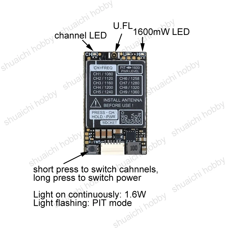 Módulo Transmissor de Vídeo Analógico, Potência de Transmissão com Suporte a Antena, IRC, Protocolo VTX, FPV, RC Drone, 1600mW, DC 7-36V, 1.3GHz