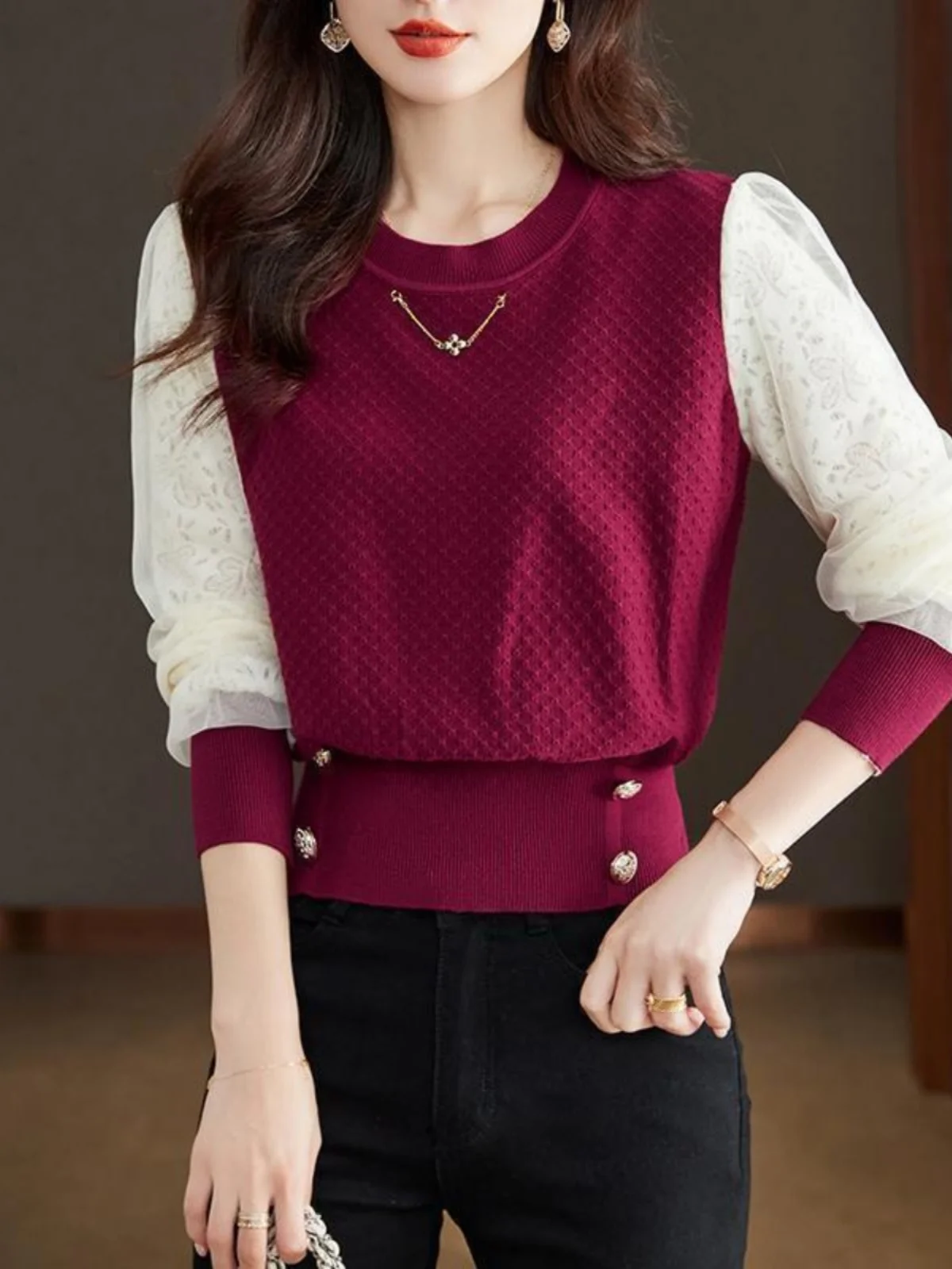 

Вязаный топ с кружевом, женский вязаный топ Faion Svel Base irt, весенний новый тонкий круглый вязаный свитер Ne Long Sve