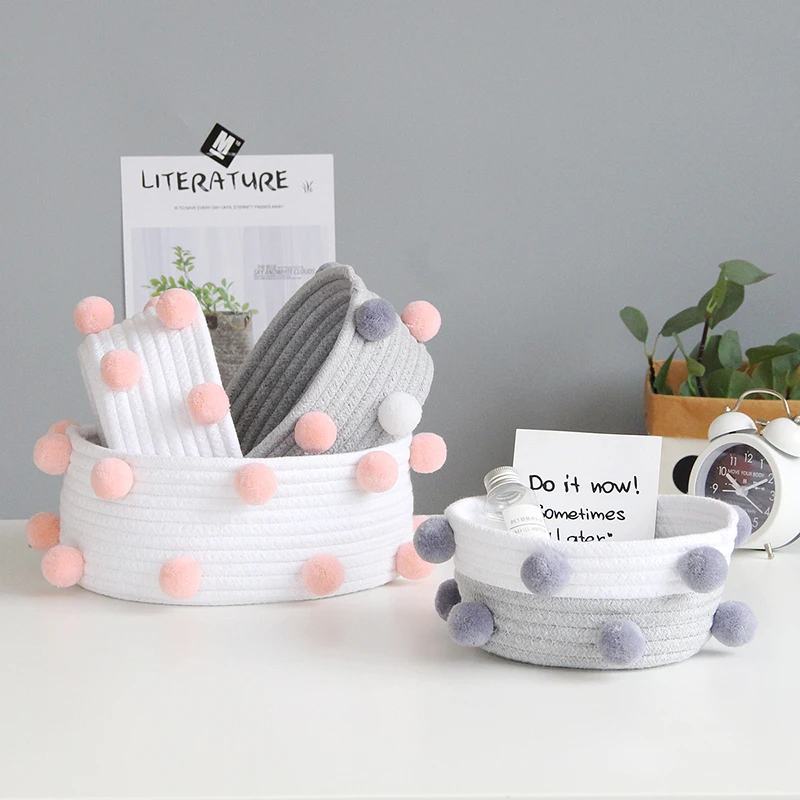 Pompom Cotton Rope Storage Boxes Hand Woven Baskets Kids Dirty Clothes Laundry Basket Toys Desktop Sundries Organizer Accessory