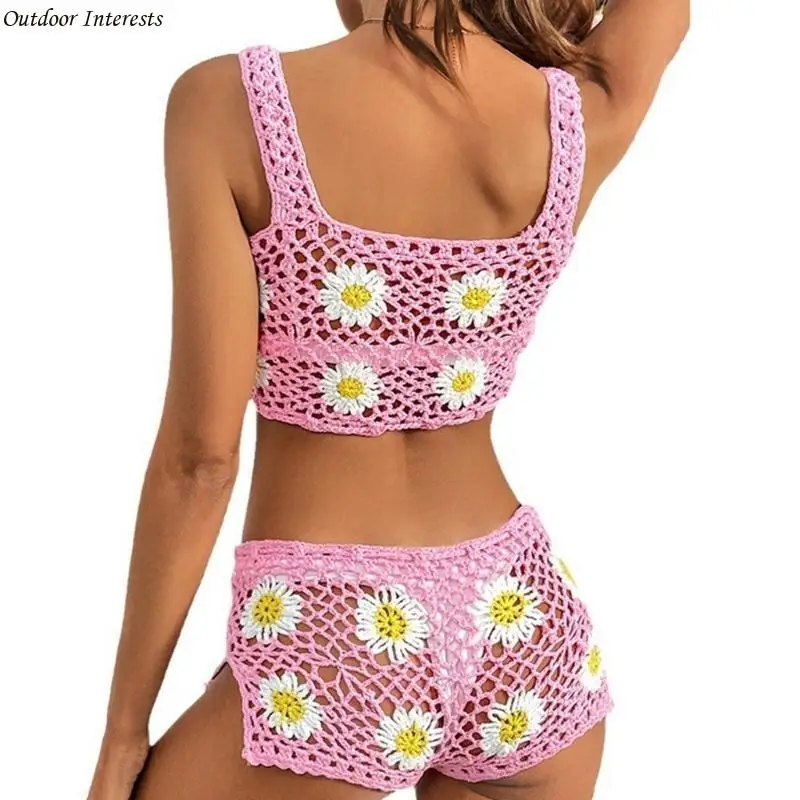 

Women Crochet Bathing Suit Set 2 Pieces Swimsuit Fashion Slings Top and Shorts Flower Swimwear Cover Up for Beachwear 400C