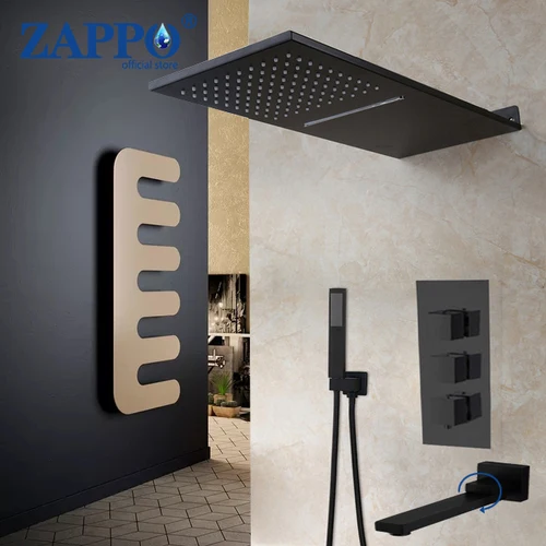 ZAPPO-매트 블랙 온도 조절 믹서 목욕 샤워 수도꼭지, 3 & 4 웨이 샤워 수도꼭지 벽 마운트 레인 폭포 샤워 세트