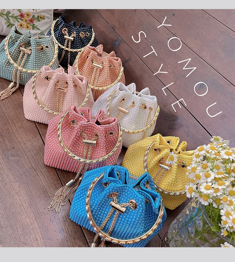 Fashion Ceramic Beads Beaded Shoulder Crossbody Bag Metal Ring Handle Women's Handbag Evening Clutch Bag Lady Purse Bucket Bag