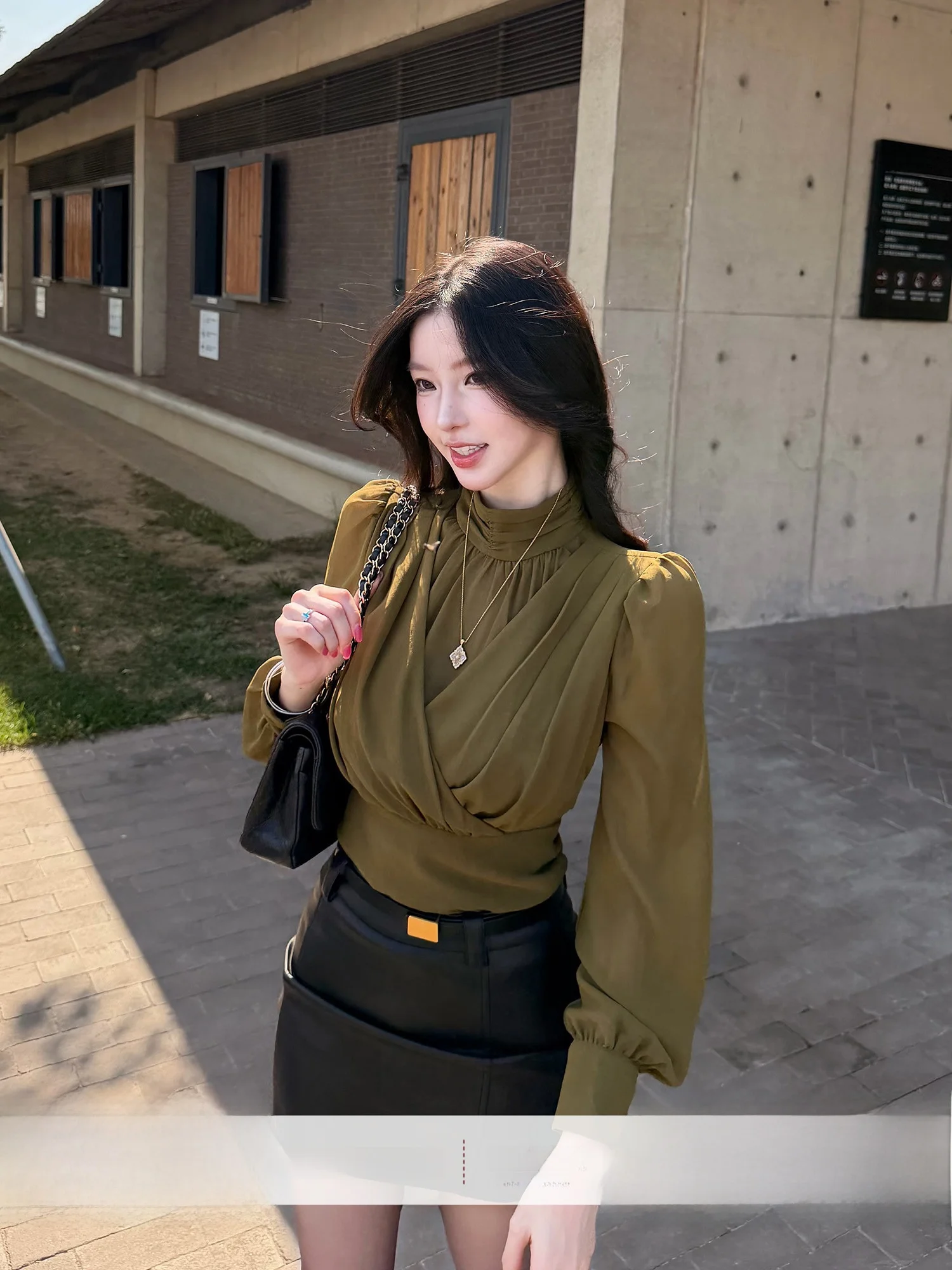 Farte Shop Green Tea  Lightweight Semi-High Collar Women's Chiffon Shirt Casual Style Long Sleeve Breathable Skin-Friendly