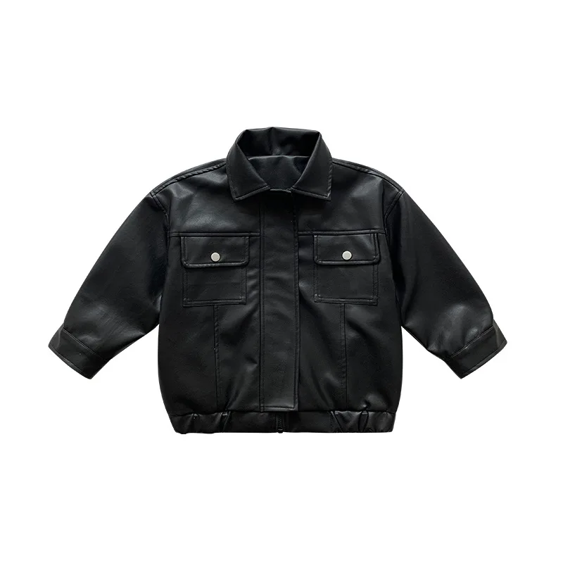 

Children's Leather 2023 Cool Autumn New Fashion All-matching Kids Top Solid Color Boy Leather Coat