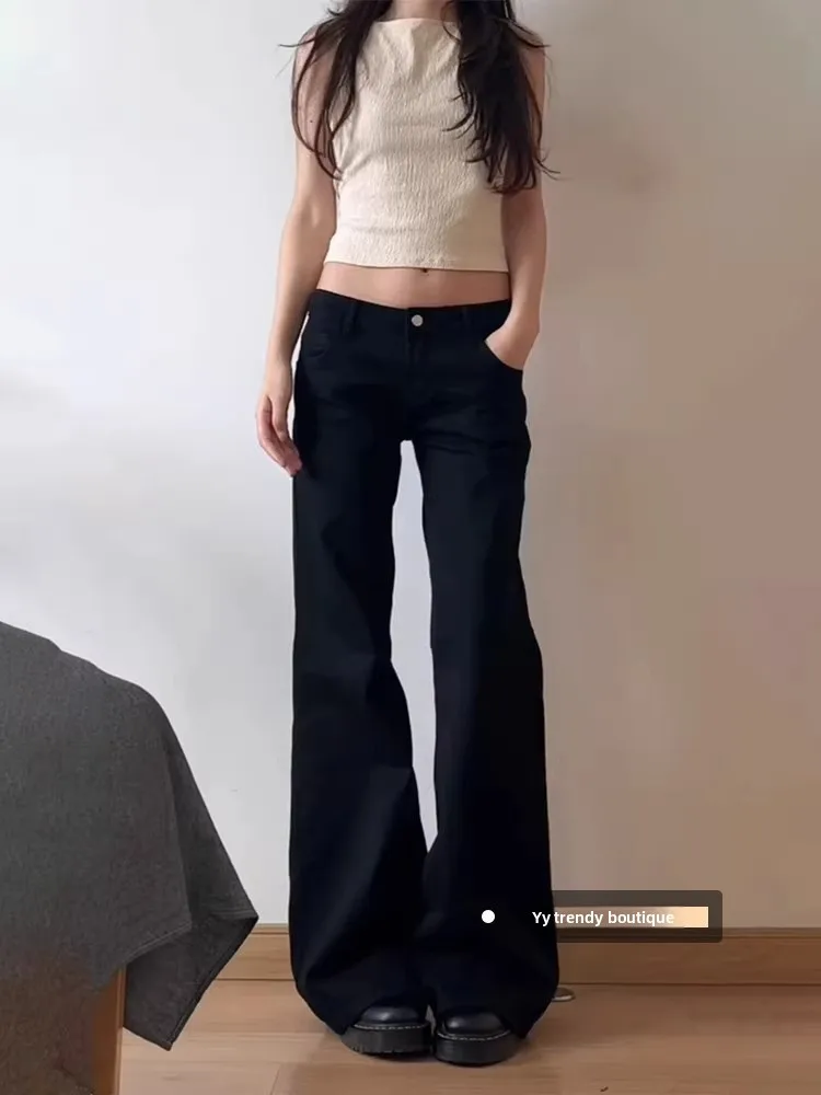 Celana Jeans Wanita Model Retro Amerika, Potongan Lebar, Micro Flared, Longgar, Meniruskan, Ukuran Kecil, Panjang Menyentuh Lantai