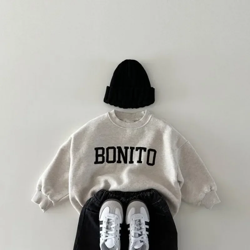 Korean Style Baby Boys Winter Sweatshirt Soft Plush Letter Printed Design Pullover Top for Children Thicken Warm Outerwear Tees