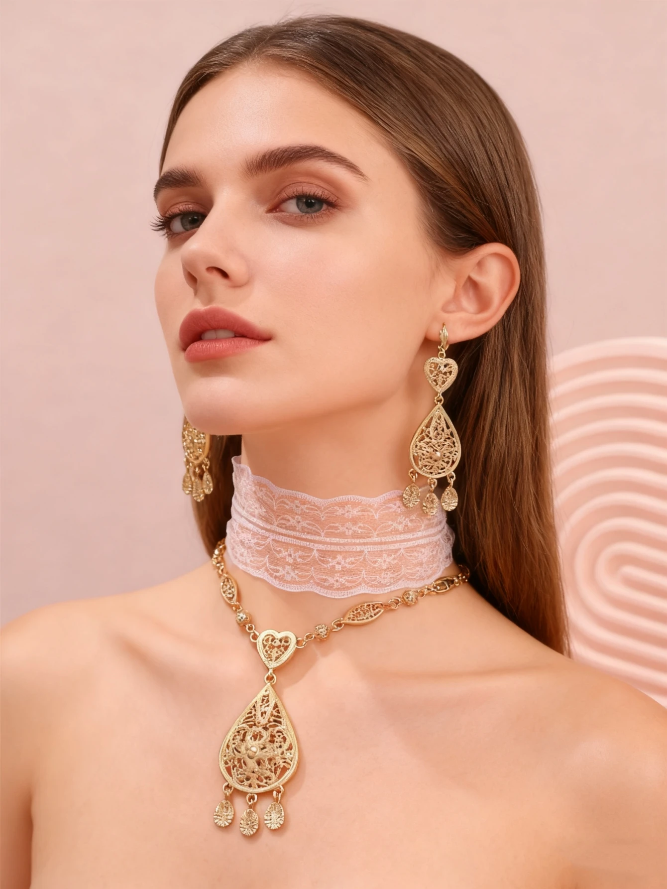 Moroccan Filigree Jewelry Set Gold Tone Teardrop Tassel Pendant Necklace Dangle Earrings Ethnic Wedding Party Women Accessories
