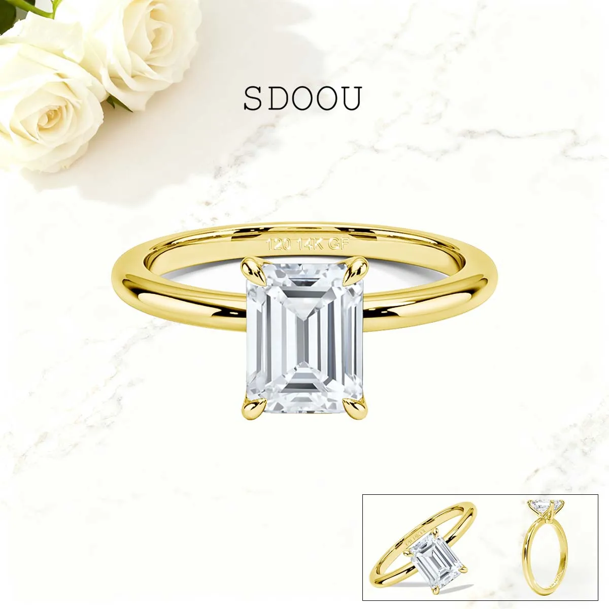 

SDOOU Classic 14K Gold Filled Emerald Cut 3ct Solitaire Moissanite Ring 4 Prong Pass Diamond Test Engagement Jewelry for Her