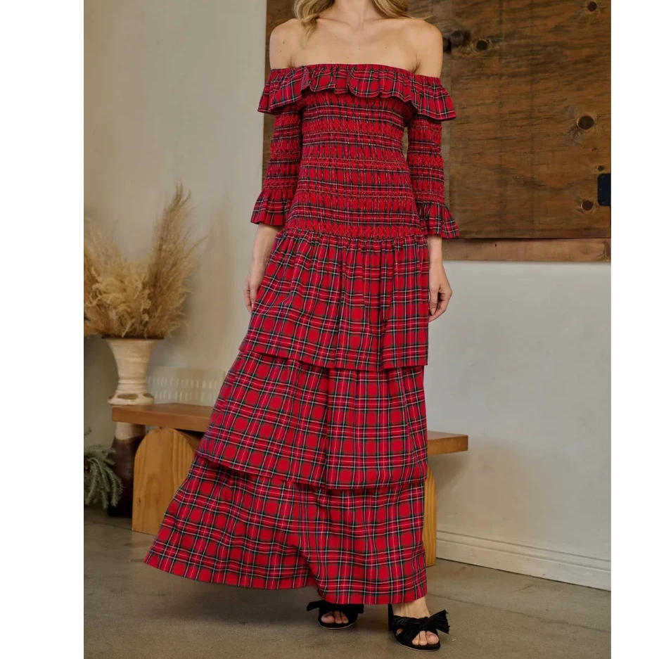 Retro Damenkleid mit Karomuster, knöchellang, lange Ärmel, schulterfrei, gerafftes Oberteil, mehrlagiges Kleid, Vintage-Stil