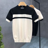 High-End Knitted Short Sleeve Striped T-shirt Male O-neck 2024 Summer Thin Casual Pure Color Ironing Free Men's T-shirt C05