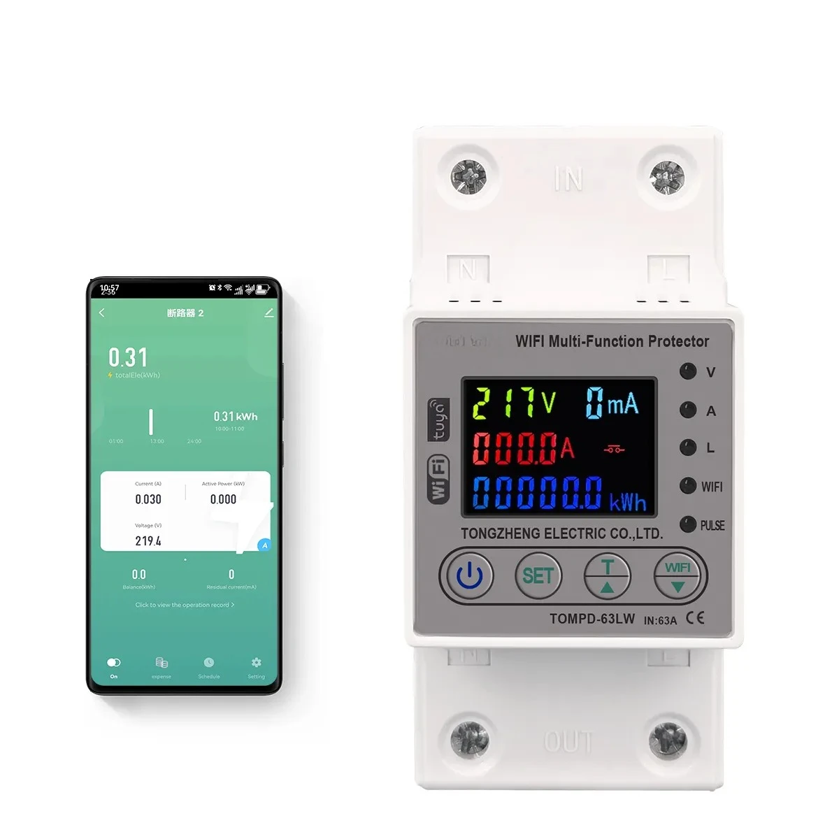 

63A 80A WIFI Smart Energy Meter Kwh Circuit Breaker Timer Voltage Current Leakage Protection TOMPD-63LW TOMPD-80LW