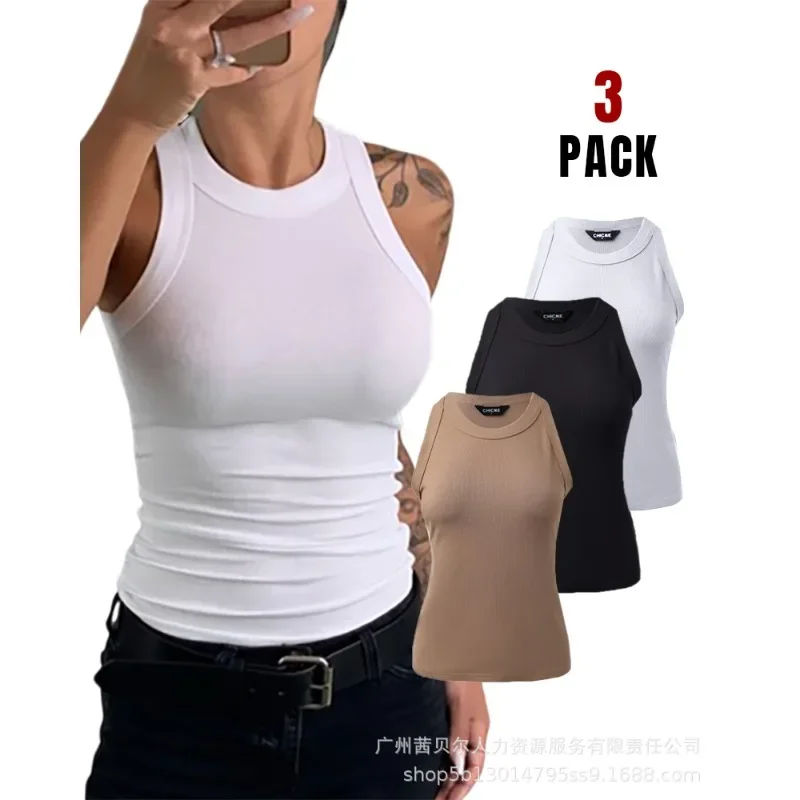 Racerback Tank Tops Sexy Sunken Stripe Vest 3-Pack Knit Tanks Round Neck Thick Strap Women's Combination 3 Pieces