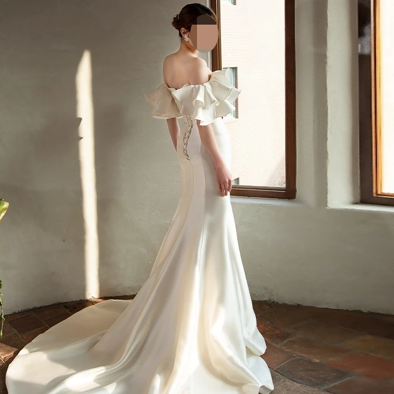 Vintage Elegant Off The Shoulder Mermaid Wedding Dress Strapless Backless Lustrous Satin Dresses for Women vestidos de novias