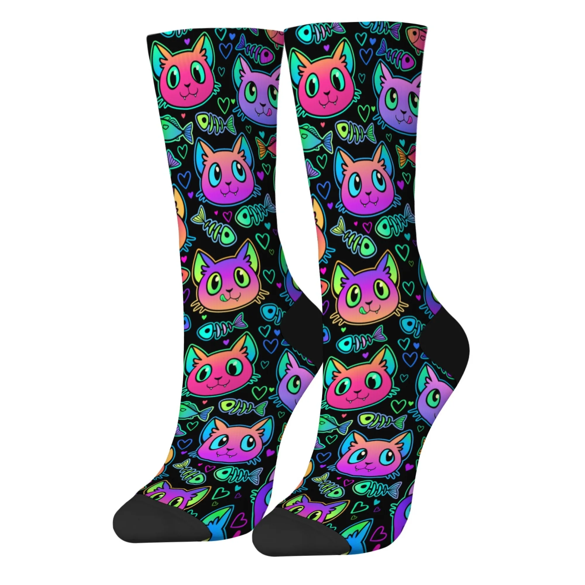 Gradient Glow Cat Happy Men's Socks Harajuku Style Novelty Funny Cartoon Socks Unisex Comfortable Warm Anti-Slip Casual Socks