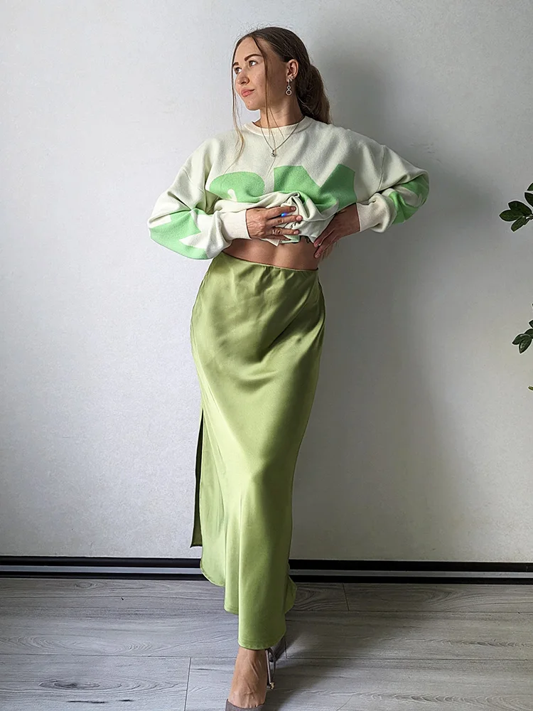 Streamgirl Maxi Solid Slit Skirts For Women Long Elegant Summer Office Champagne Satin Skirts Elastic Waist Women's Summer Skirt