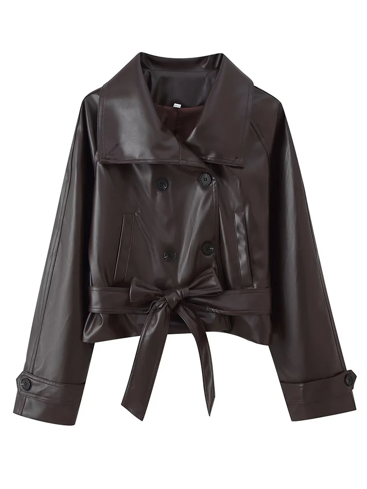Tfmln mulheres vintage plutônio jaquetas curtas com cinto moda oversize couro falso streetwear feminino duplo breasted casual outwear