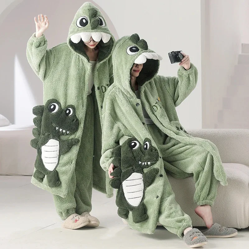 

Kigurumis Pajamas Robes Women Men Winter Thick Warm Plush Nightgown Fleece Long Gown Kawaii Cat Couples Nightdress Pijama