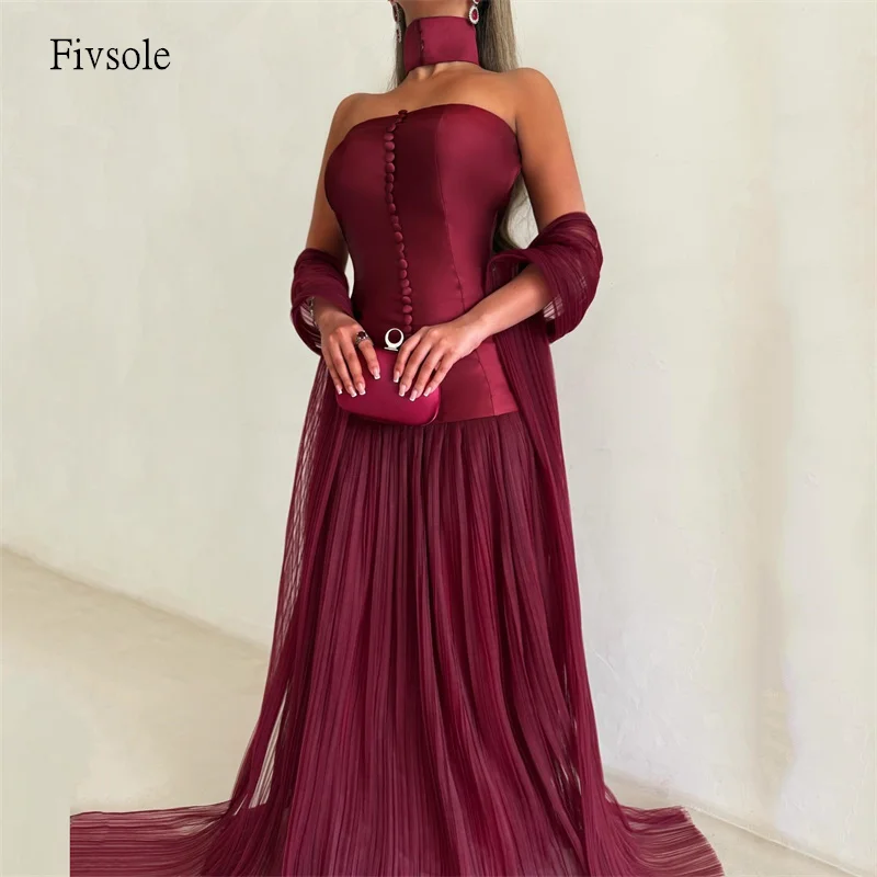 

Fivsole Elegant Strapless A Line Prom Gowns Backless Cap Buttons Pleated Party Gown Floor Length Evening Dress Customized