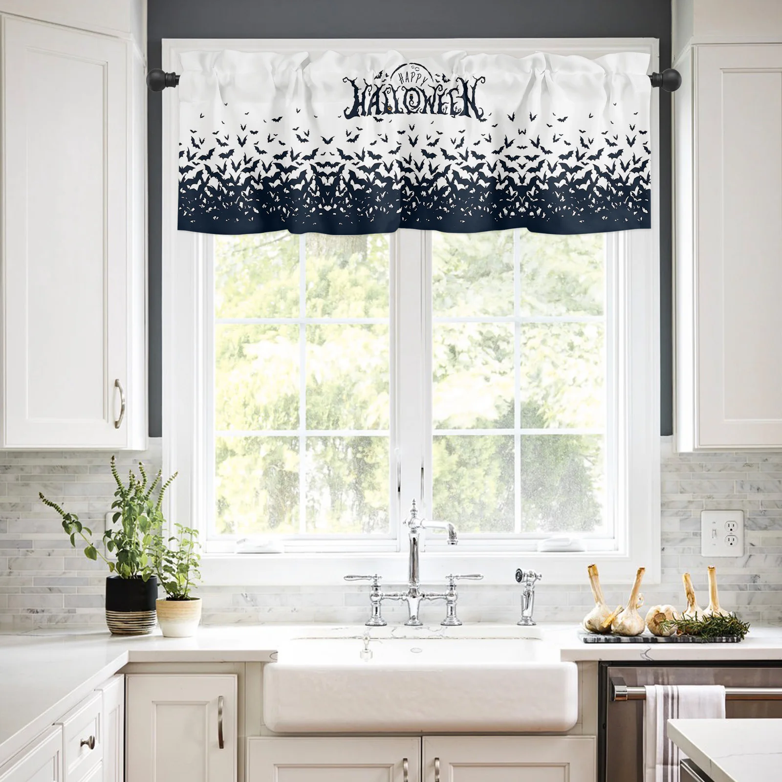 Curtain Valance for Living Room,Happy Halloween Vampire Bat  Valance for Kitchen Window Valance Valance Rod Pocket 1 Panel