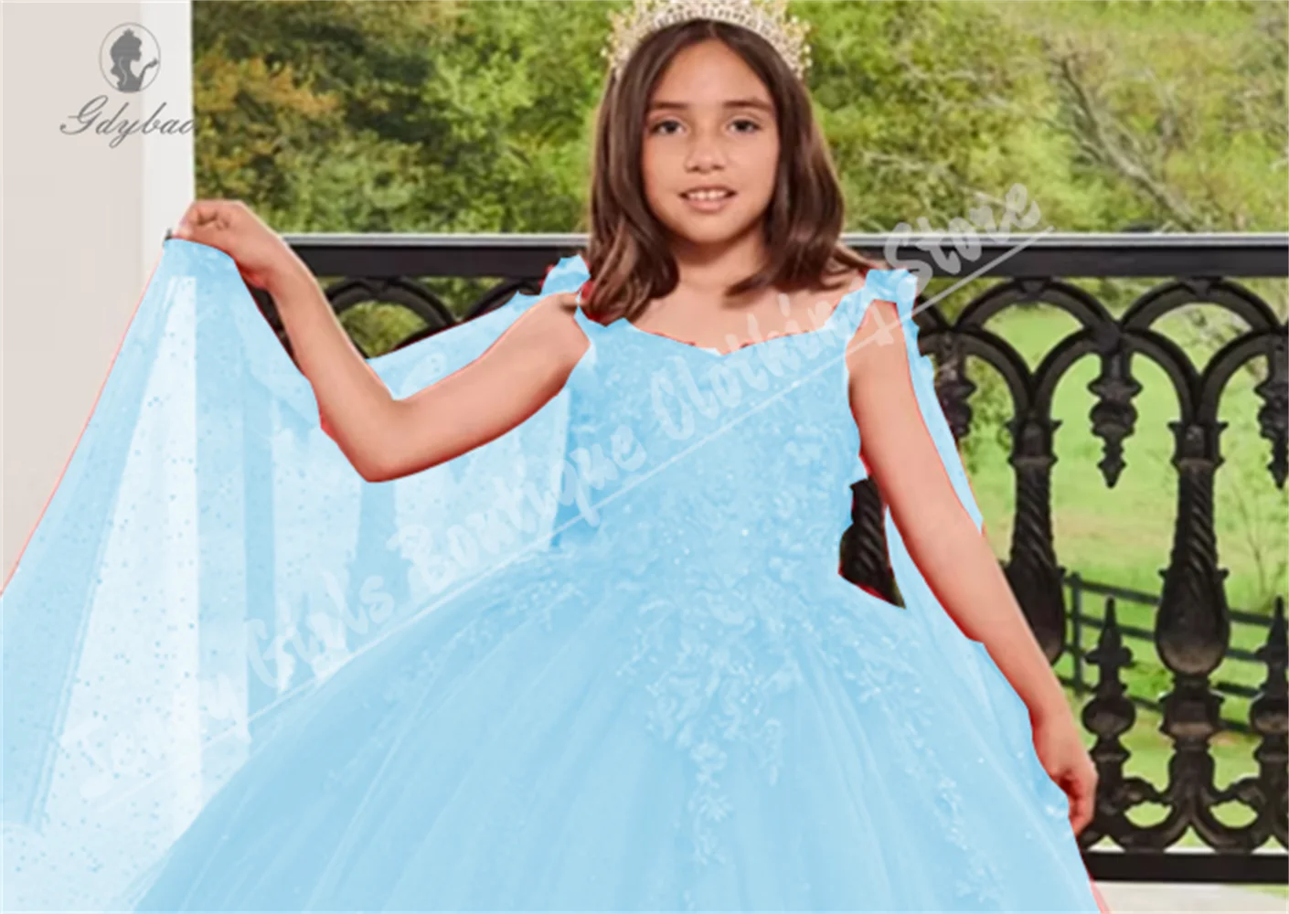 

Light Blue Flower Girl Dress For Wedding Lace Applique Puffy Tulle Pageant Child Adolescents Birthday Party Evening Dresses