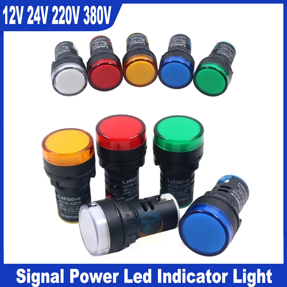 

1pcs 22mm Panel Mount Signal Power Led Indicator Light Blue Green Red White Yellow Pilot Lamp AC DC 12V 24V 220V/380V AD16-22DS