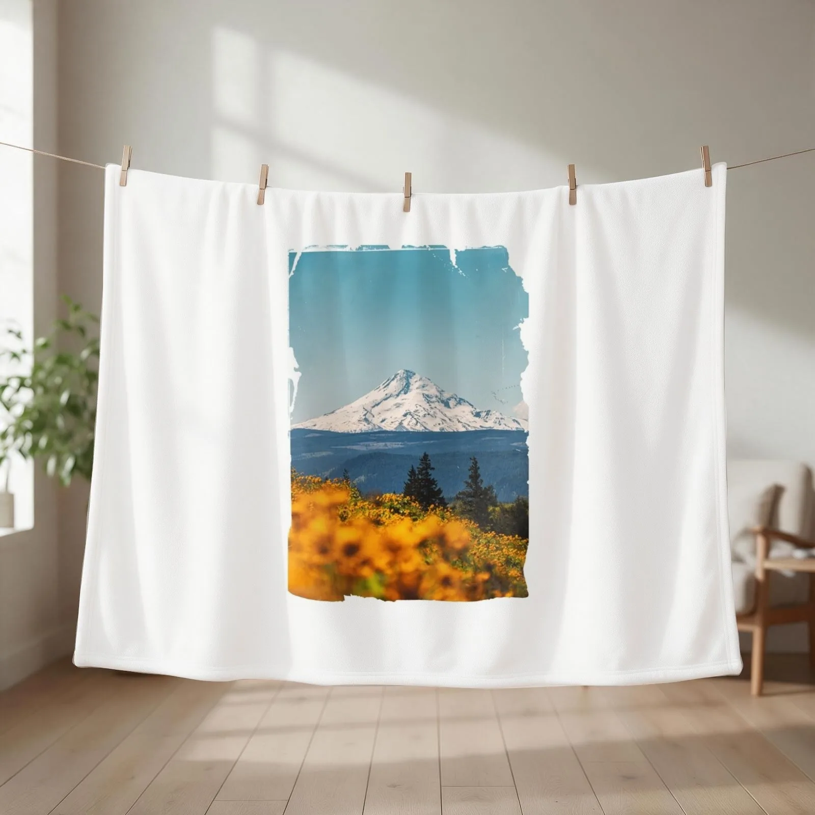 Vintage Mount Hood from Columbia River Gorge with Sunflowers Throw Blanket Single Fashion Sofas Bed linens Blankets