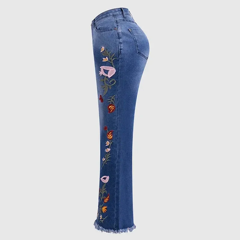 Fashion Comfortable High Stretch Slim Fit Flared Jeans for Women Elegant Embroidered Splicing Pockets Tassel High Waist Jean