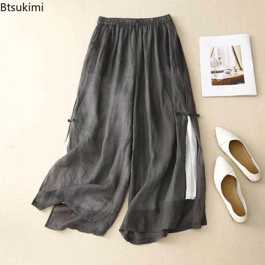 

Women's Gray Cotton Linen Casual Elastic High Waist with Lining Pants Summer Fashion Wide Leg Ankle-Length Pants Women Clothing