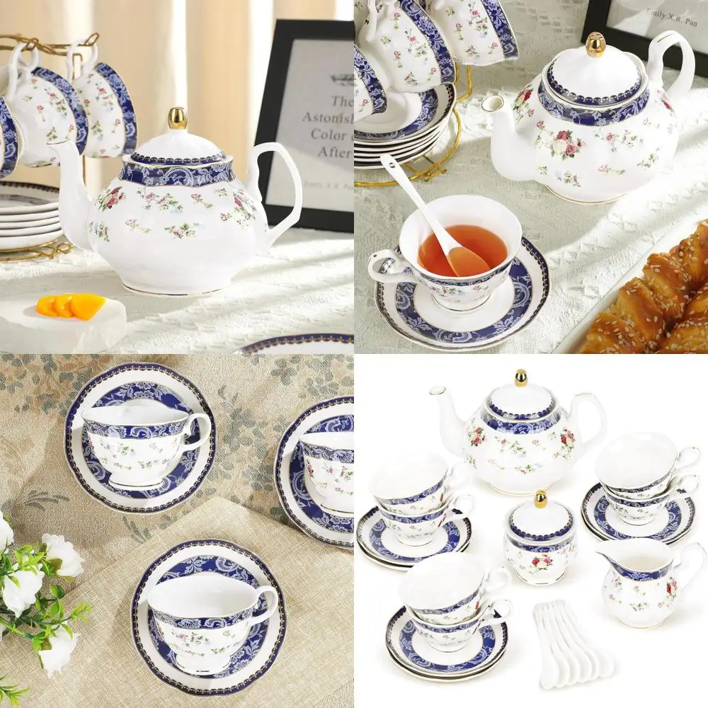 

Elegant Blue Lace & Roses 21-Piece Bone China Tea Set with Sugar & Creamer for Adult Tea Parties