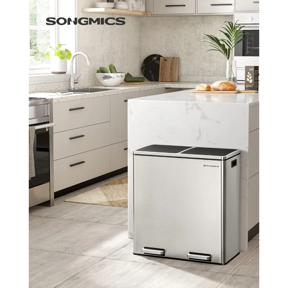 SONGMICS Trash Can, 2 x 8-Gallon Garbage Can for Kitchen, with 15 Trash Bags, 2 Compartments, Plastic Inner Buckets