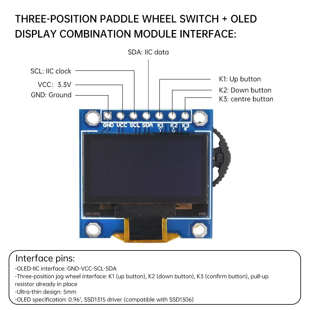 Module combiné d'affichage OLED SSD1305 de 0,96 pouces, Compatible SSD1306 avec encodeur rotatif/commutateur à cadran à trois positions pour Arduino