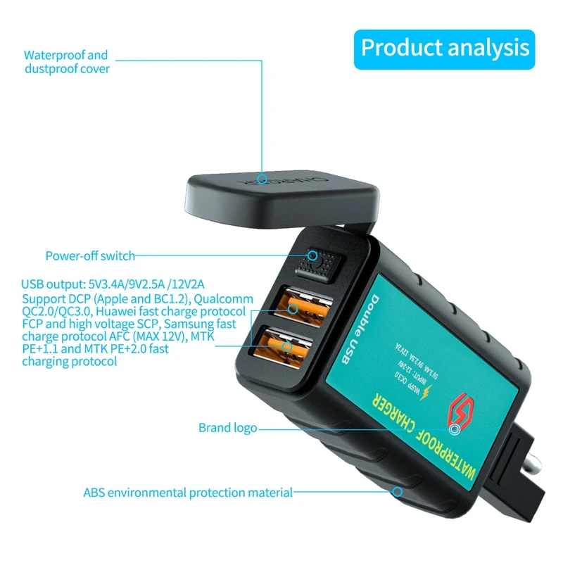 Chargeur rapide double USB pour moto, SAE vers USB avec interrupteur marche/arrêt, 12-24V, 3.4, 2,5 A