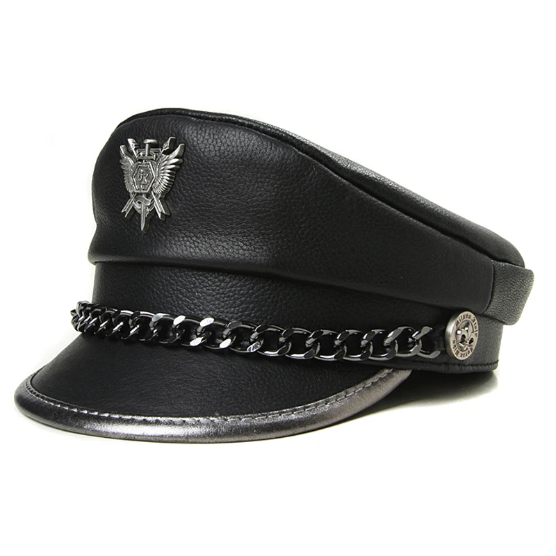 Novelty Winter Men‘s Genuine Leather Hat Male Flat Top Badge Locomotive Retro Military Caps Students Punk Cortical Chain Gorra