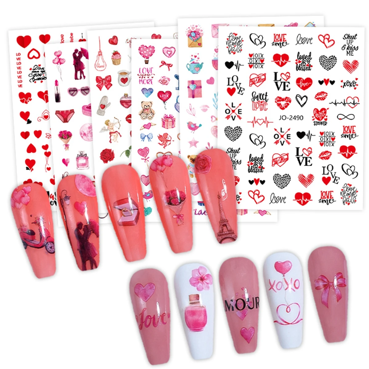 Valentine's Day Nail Design Sticker Red Heart Lips Character Cupid Text Pattern Simple DIY Nail Art Decoration Decals