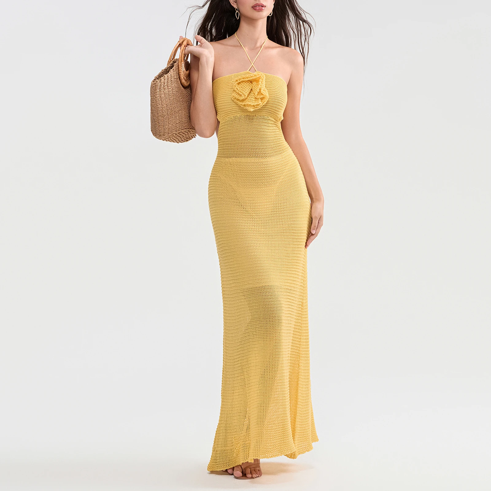 Sexy Open Back Knitted Halter Long Dresses Elegant 3d Flower Hollow Out Slim Maxi Dress 2024 New Summer Lady Holiday Beach Robes