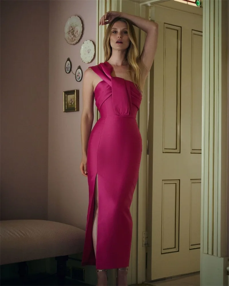 

Hot Pink Satin Prom Dress Sexy One Shoulder Sleeveless Long Sheath Party Gown Formal Wedding Guest Birthday Evening Robe