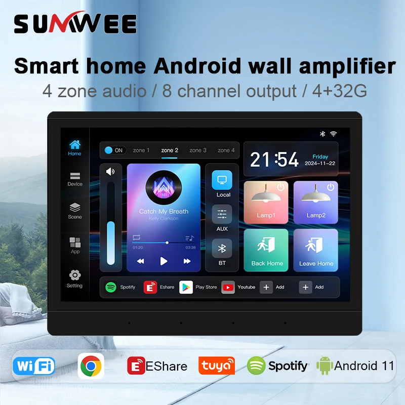 10 นิ้วสมาร์ทบ้าน Android 11 ระบบ 4 + 32G 4 โซนเสียงในเครื่องขยายเสียงผนัง HDMI RJ45 พอร์ต TUYA เสียงบลูทูธเพลงแผง