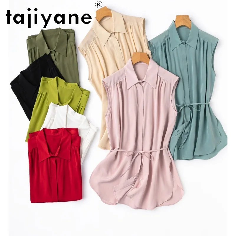 

TAJIYANE 100% Натуральный шелковый топ из тутового шелкопряда для женщин, повседневная однотонная майка с поясом, без рукавов, летняя рубашка 2026, женская одежда, топ