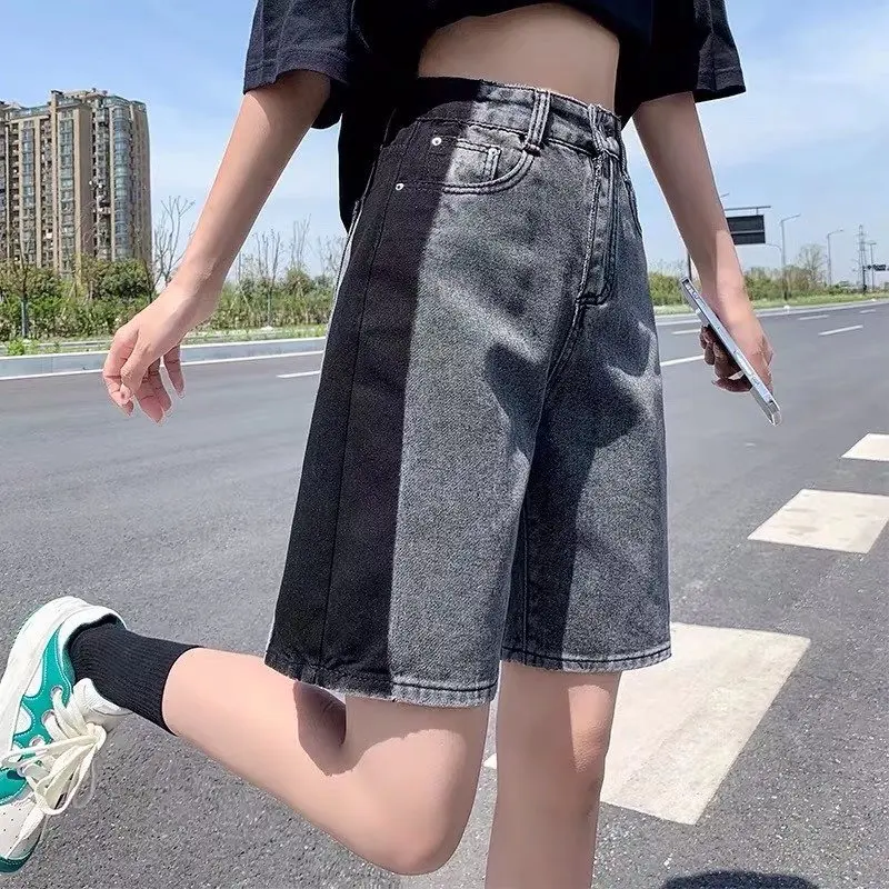 Shorts Women Patchwork Distressed Vintage Washed Denim Contrast Color All-match Korean Style Summer Streetwear Chic Knee Length