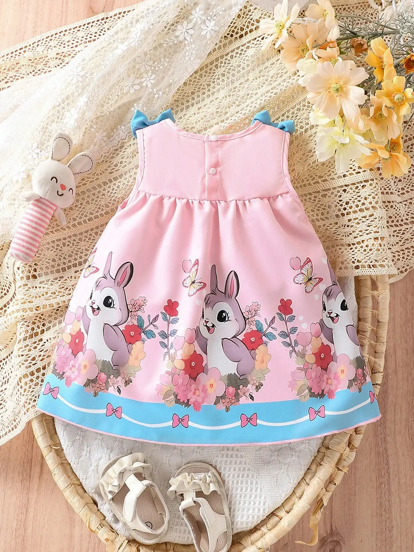 Summer Baby Girl Dress Sweet Cute Breathable Comfortable Casual Outing Bunny Print Stereoscopic Bow Sleeveless Dress