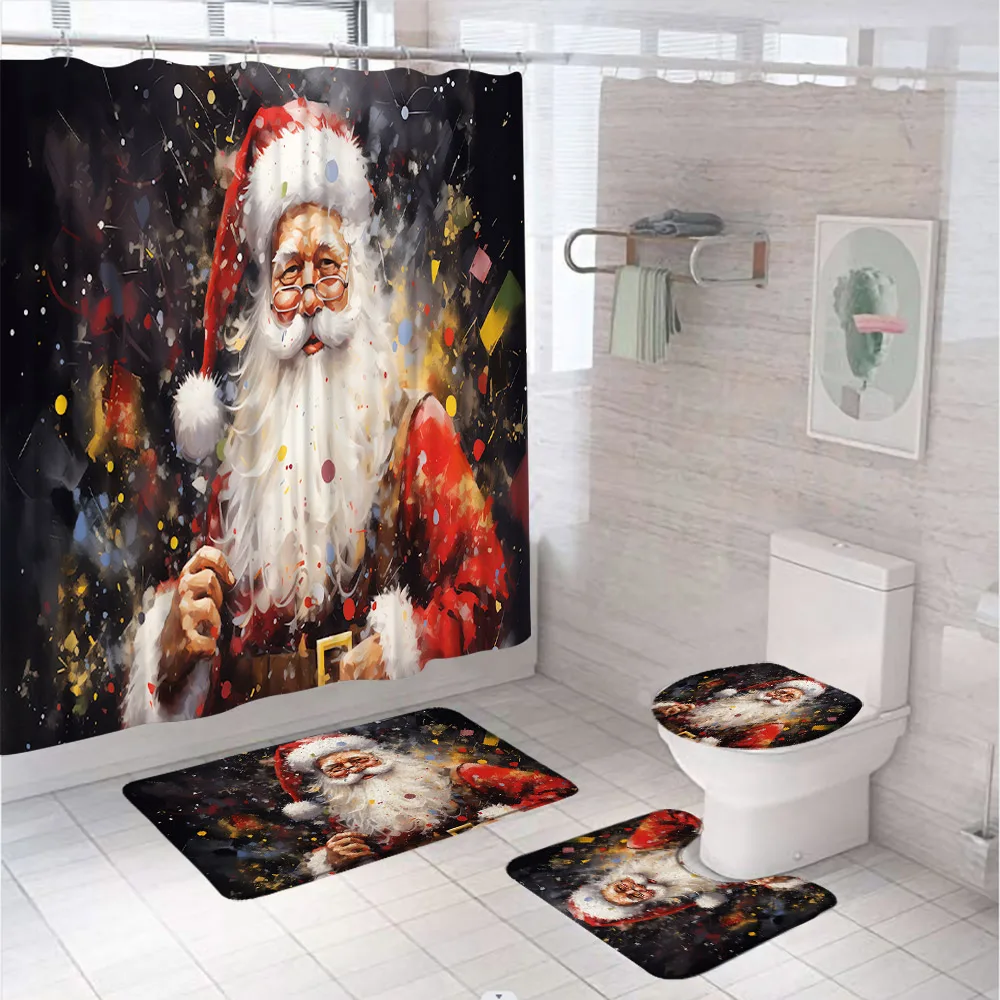 Christmas Fireplace Shower Curtain Sets Xmas Tree Stocking Fabric Screen with Rugs Toilet Lid Cover Bath Mat for Bathroom Decor