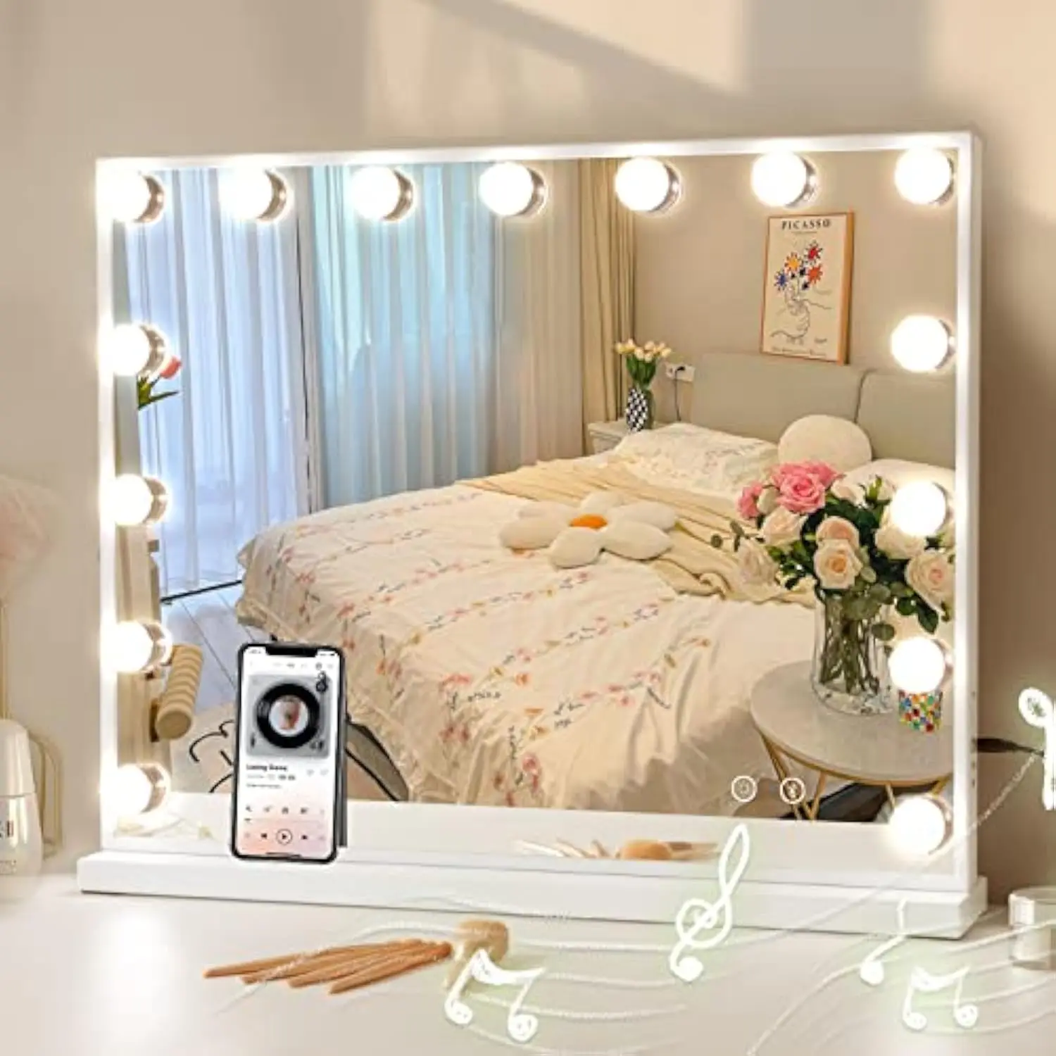 

Vanity Mirror with Lights and Bluetooth, Hollywood Makeup Mirror with 15 Dimmable LED Bulbs and USB Charging, 3 Color Modes Li