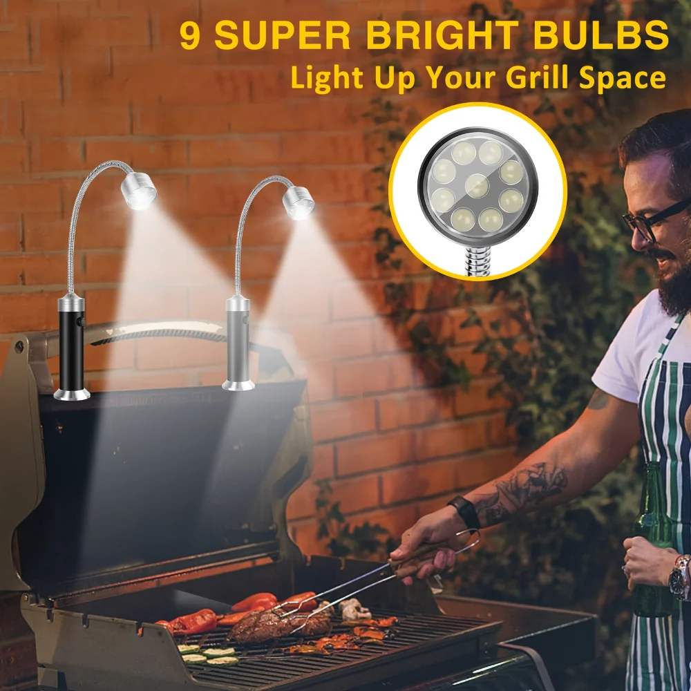 2pcs Portable BBQ Grill Light Set - Magnetic, Installation-Free, 360° Flexible Neck Light, Camping Backyard Emergency Light, Battery-Free Outdoor Multifunctional Ambient Lighting Equipment - A Professional Atmosphere Gear for BBQ Lovers
