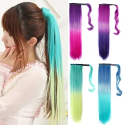 Clip in Ponytail Extension Wrap Around Long Straight Pony Tail Hair 22 Inch Synthetic Hairpiece Ombre Color