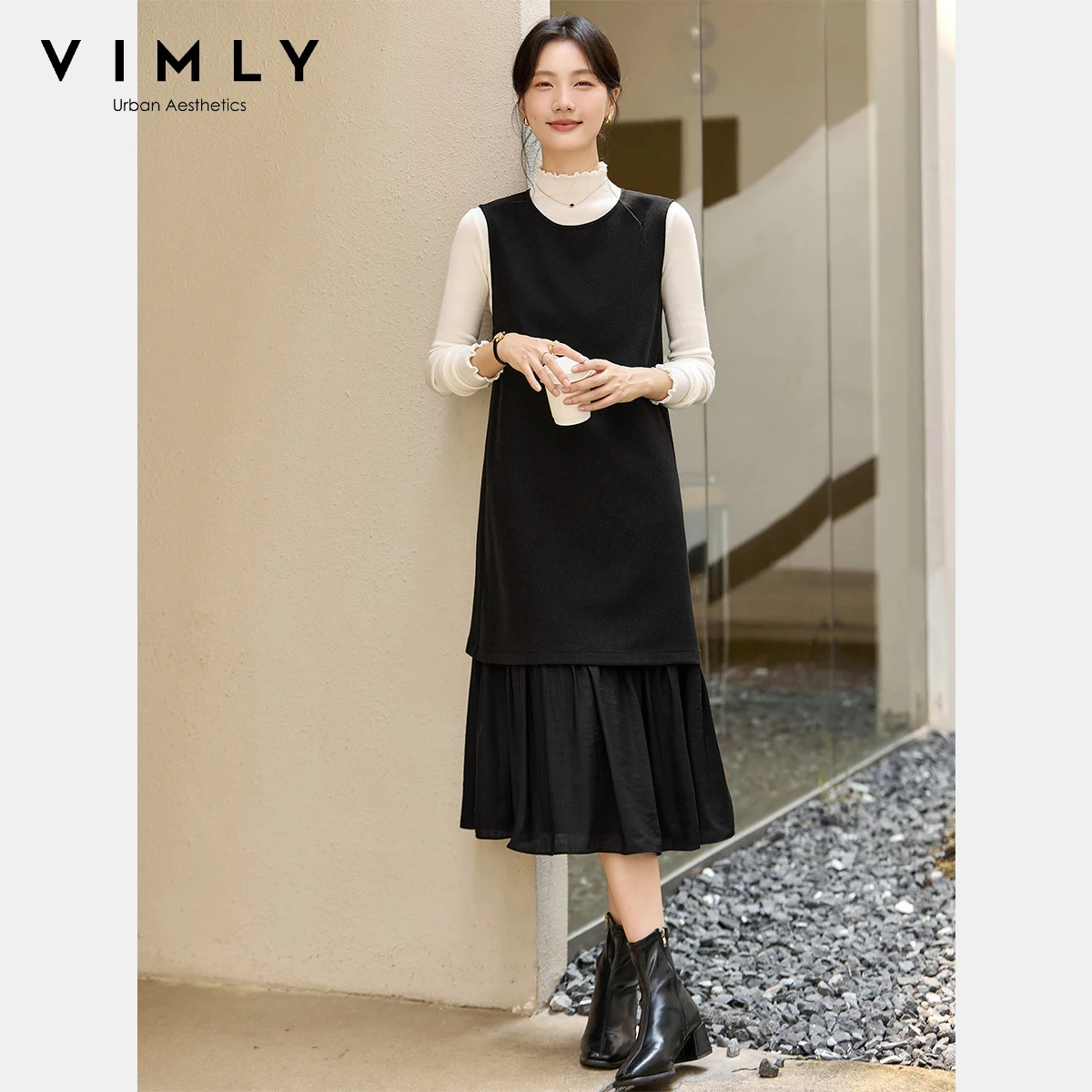 VIMLY Women's Long Dress 2026 Fall French Black Sleeveless Dress Fashion Round Neck A-line Pleated Midi Dresses Ladies A2915