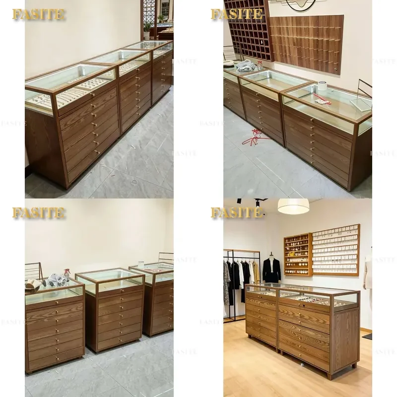 For Clothing Store Vintage Solid Wood Jewelry Display Cabinet Antique Jade Glass Silver Cultural Relics Showcase Counter