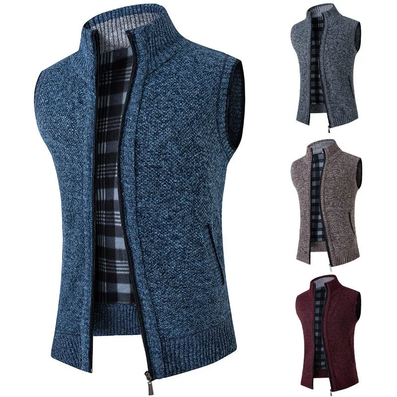 

High Quality Thick Men's Full Zip Sweater Vest Knitted Stand Collar Cardigan Fall Winter Casual Slim Fit Sleeveless Sweaters