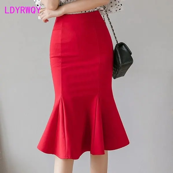 

Half length Skirt Women's New Versatile High Waist Elastic Wrap Skirt Mid length Ruffle Edge Wrap Hip Fishtail Skirt